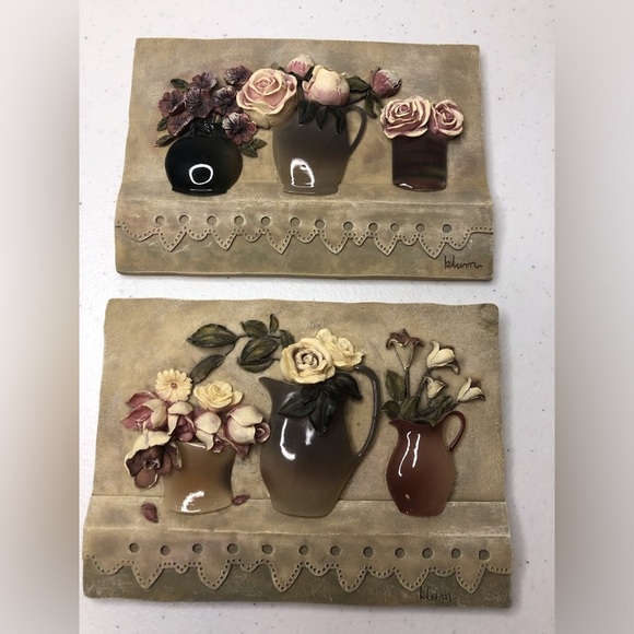 Blum 3D Raised Floral Ceramic Wall Art with Vases set of two - Picture 1 of 3